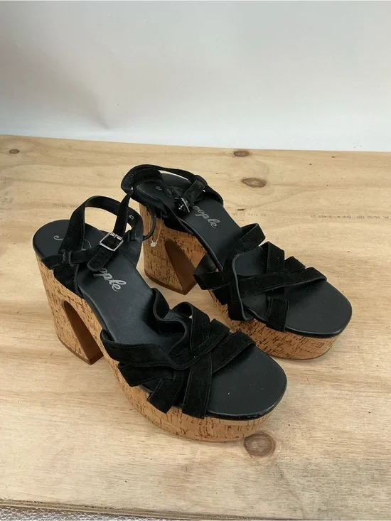 Free People Platform Cork Block Heel Sandals in Black Size 40