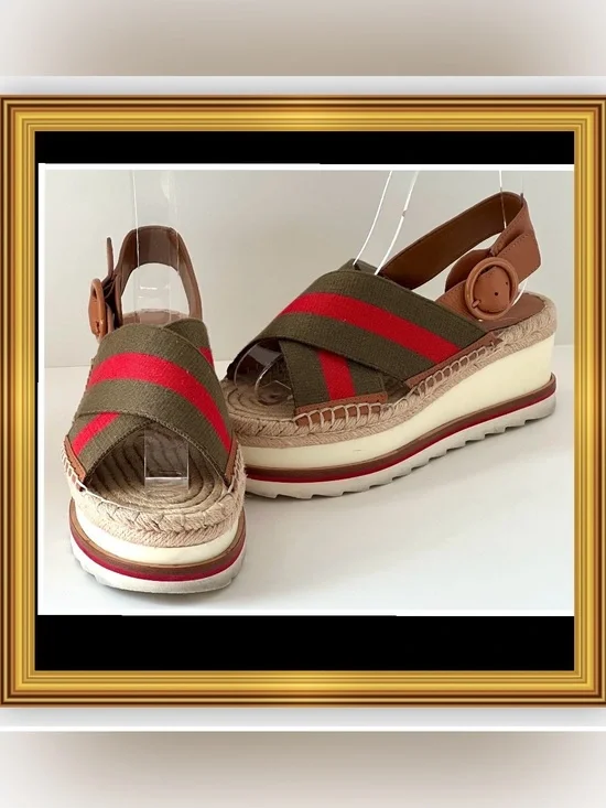 Marc Fisher Glenna green and Red Platform Espadrille Sandals size 5