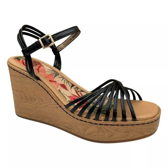 BOC Catalina Women's Platform Wedge‎ Sandal Size 8 Black/Tan Glossy Straps Twist