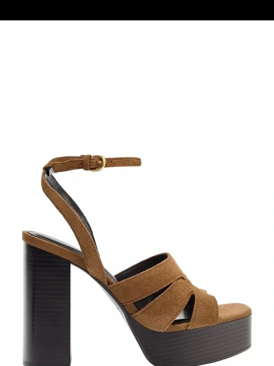 Zara NWOT Women’s Split Leather Brown Platform Sandal with Ankle Strap