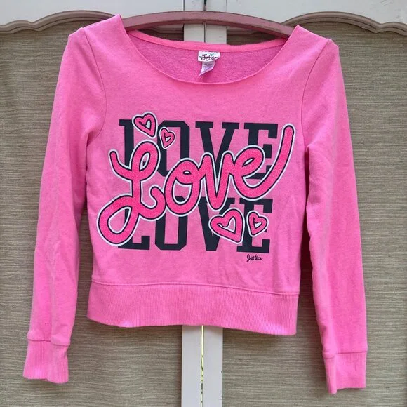 Justice Love Heart Sweatshirt Pink Off Shoulder Pullover Girls Size 10