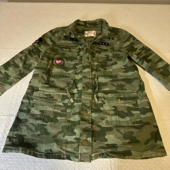 Justice Girls Camouflage Drawstring Waist‎ Patch Button Down Jacket Size 12/14