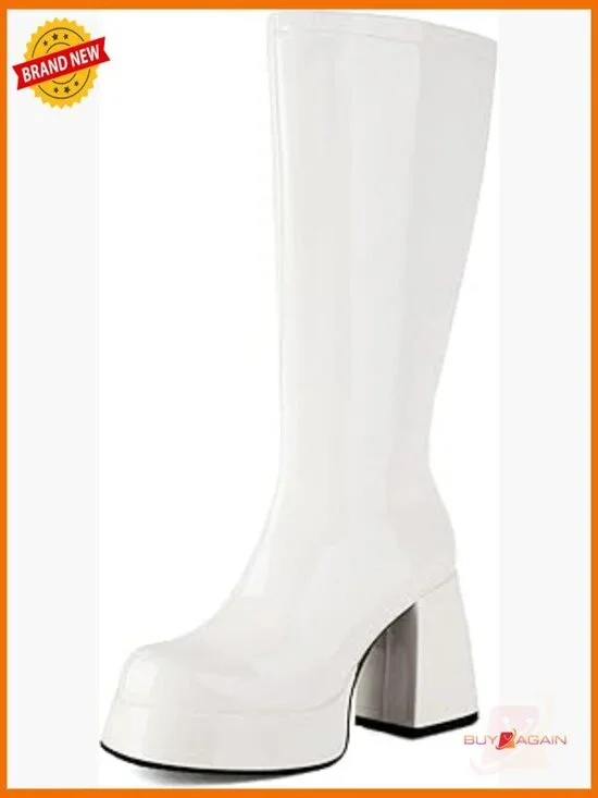 Knee High Platform Boots Patent Leather Chunky Heel Square Toe 70s Disco