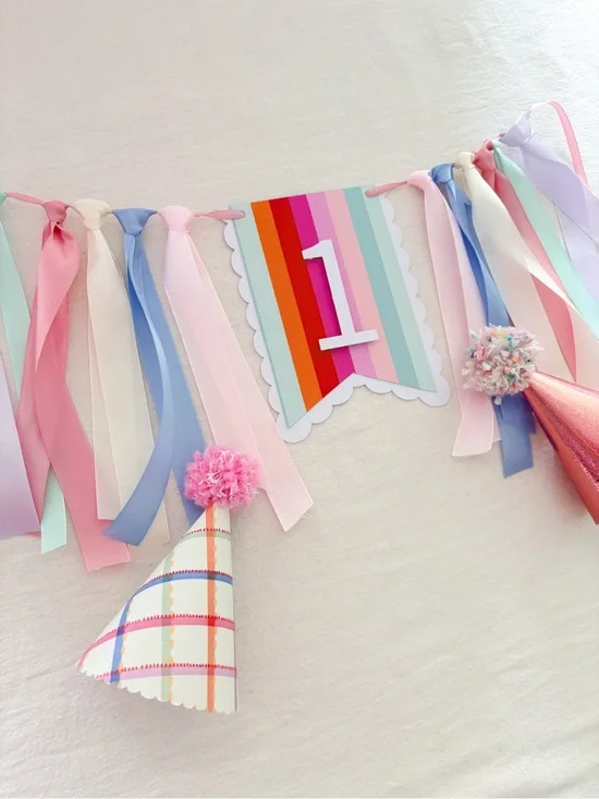 First Birthday fun to be one Pastel Ribbon Garland Banner with Number 1