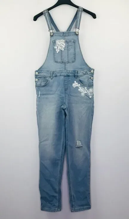 Justice Girl's 14 Plus Overalls Blue Light Wash Denim Lace Embroidered L