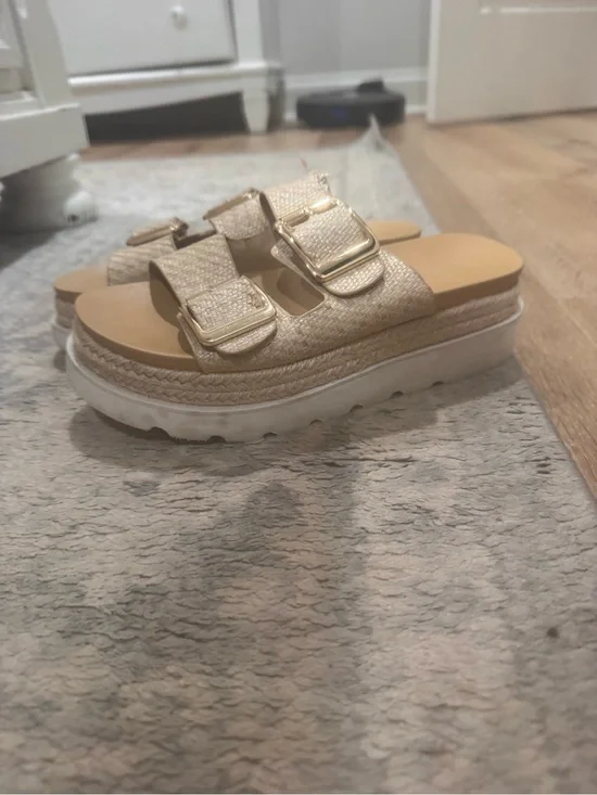 Woven Gold Platform Slide Sandals with Buckle Straps