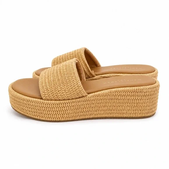 Marc Fisher LTD Daylin Woven Raffia Platform Slide Sandals Tan Womens 9.5 M