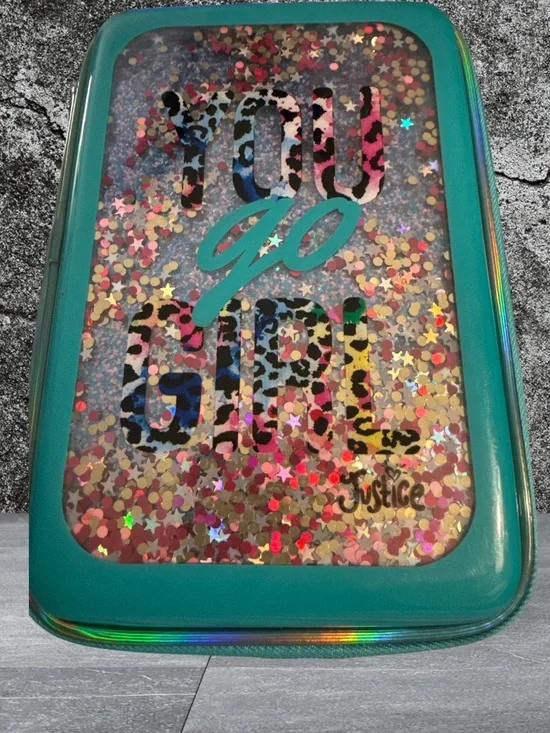 Adorable NWT Teal Animated Glitter 'You Go Girl' Hard PENCIL Case