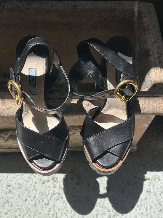 Prada Black Leather Crisscross Wedge Sandals (high heels) with Gold Buckle