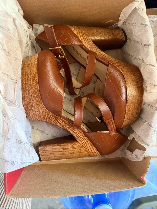 Andrea - Cognac Brown Croc-Embossed Platform Wedge Sandals
