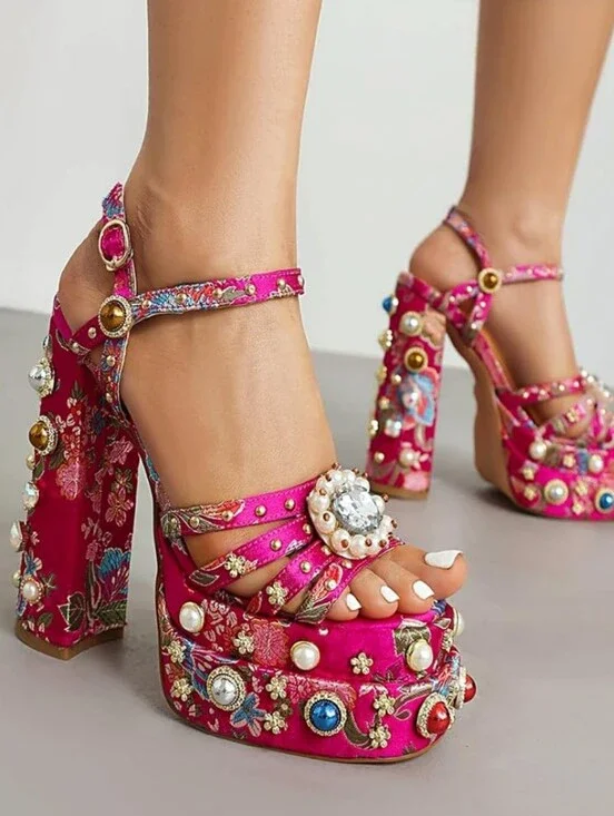 Embellished Fuchsia Platform Heels with Ankle Strap