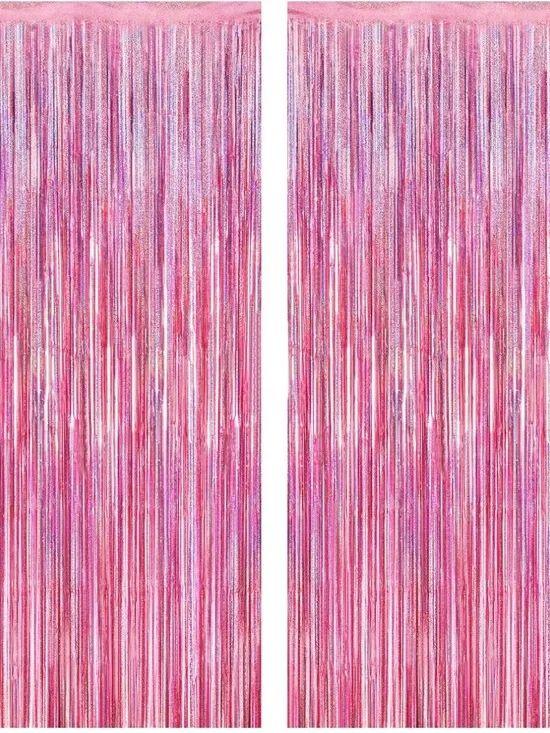 Pink Metallic Fringe Curtain Panel Set