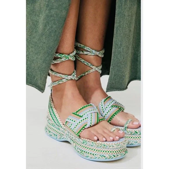 Anthropologie Braided Platform Sandals in Green and White