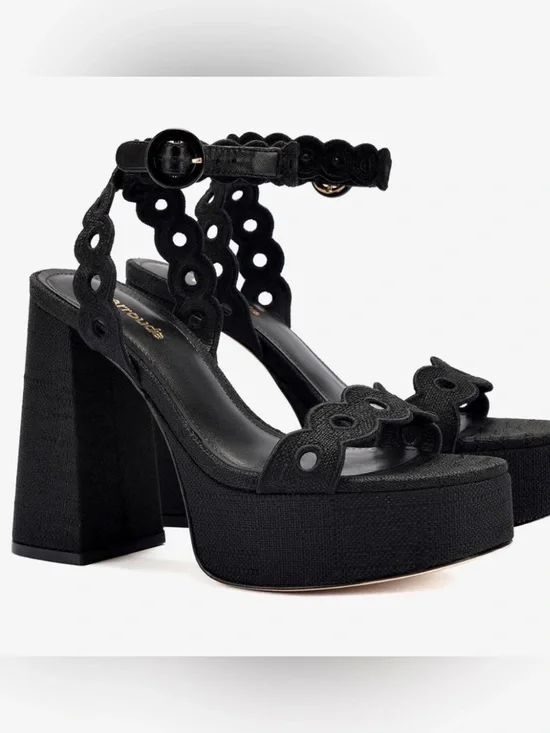 Larroude Dolly Broderie Sandal in Black Raffia