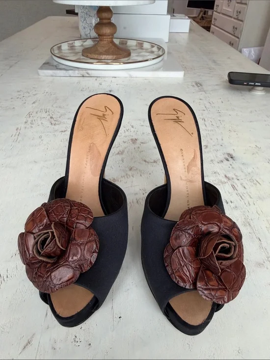 Giuseppe Zanotti Black Slide Mules with Brown Leather Flower Appliqués