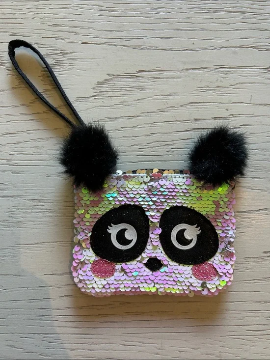 Justice Iridescent Sequin Panda Wristlet with Black Pom Poms