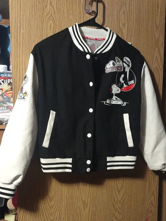 Justice Black and White Peanuts Varsity Jacket