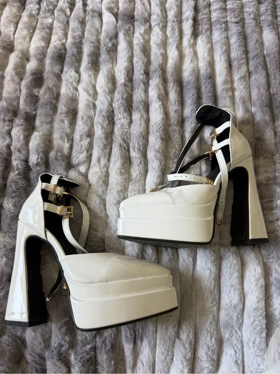 White Patent Platform Mary Jane Heels with Gold Buckles