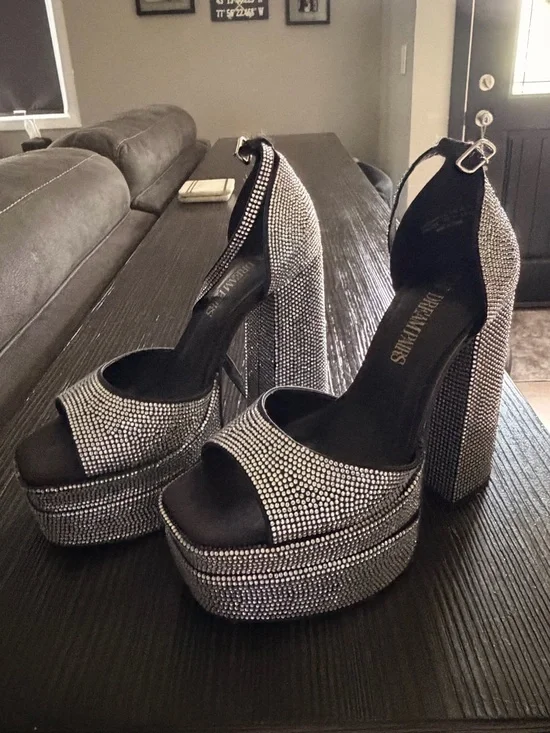 Dream Pairs Black-Rhinestone Platform Ankle-Strap Heels