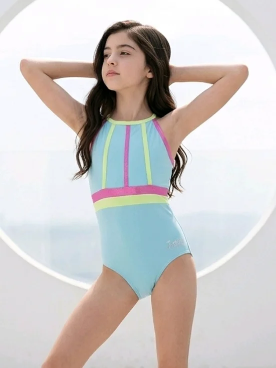 Justice Girls Leotard Aqua Pink Lime High Neck Dance Gym S 7/8 Sporty Bright