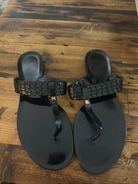 Jack Rogers Black Braided Thong Sandals with Gold Stud Size 8