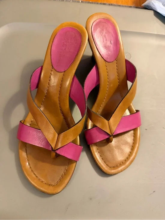 Cole Haan Pink and Tan Leather Crossover Slide Sandals