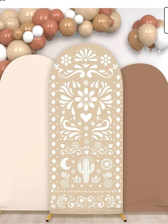 Boho Beige Arch Backdrop with White Folk Floral Design