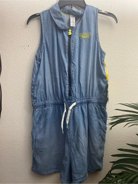 Justice Girls' Denim-Look Sleeveless Romper - Light Blue PAC-MAN