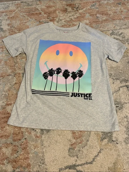 NWOT Justice Gray Tee with Pastel Smiley & Palm Graphic