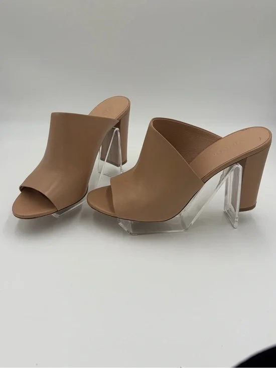 Vince Tan Leather Open-Toe Mules with Sculpted Heels Nude Preowned