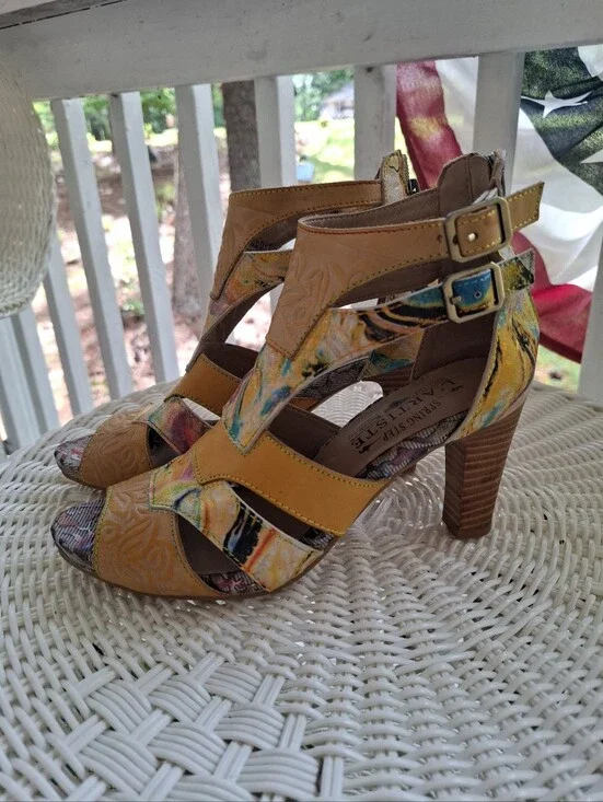 L'Artiste Hand Painted Hand Tooled Leather Heeled Sandals 