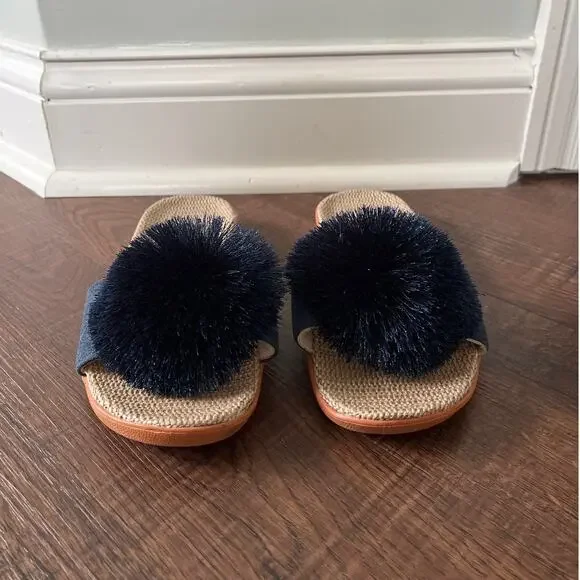 Navy Pom Pom Slide Sandals EU 37-38