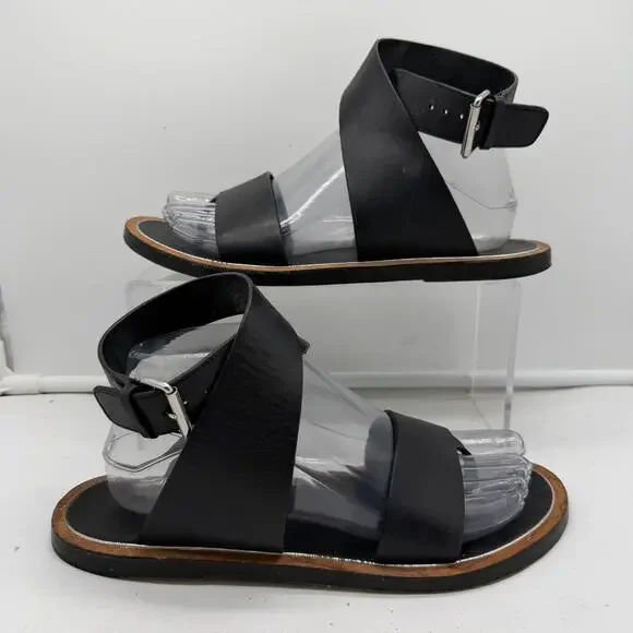 Vince Mailin Sandals Womens 8.5 Black Ankle Wrap Flat Strap Leather