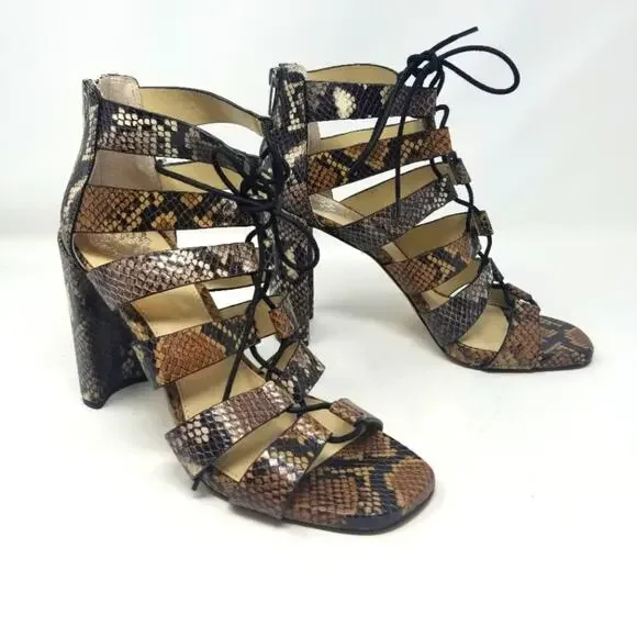 Vince Camuto NEW Block Heel Snake Sandals Black and Brown Zipper Back Size 9 1/2