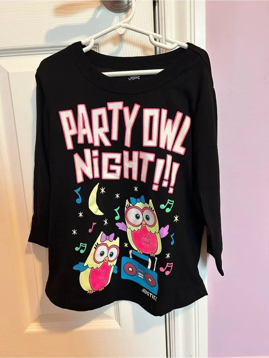 Justice Black Pajama Top with Pink & Yellow Owl Graphics