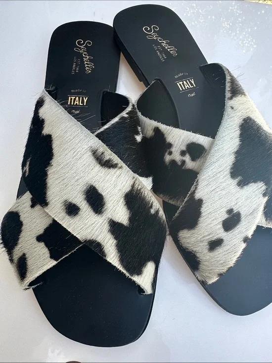 Seychelles Black and White Cowhide Crossband Slides