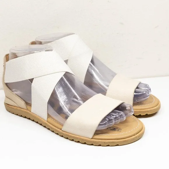 SOREL Ella Criss Cross Elastic Leather Flat Slide Sandals Sea Salt Chalk Sz 5.5