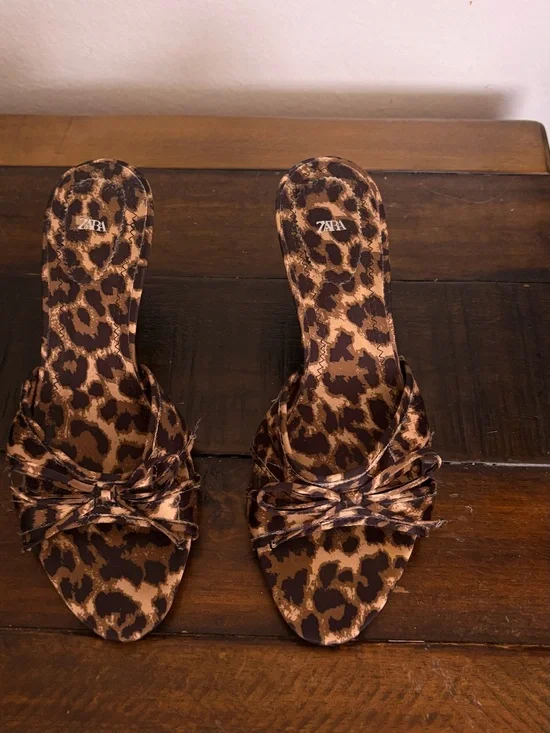 ZARA Leopard-Print Knotted Slide Sandals - Brown/Black