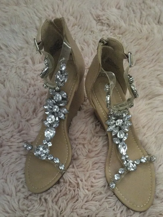 JustFab Tan Jeweled T-Strap Sandals with Clear Ankle Straps