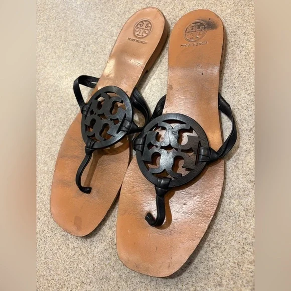 Tory Burch Miller Square Toe Black and Tan Thong Sandals 10.5