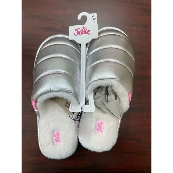 NWT Justice Silver Kids Slippers Size 4/5