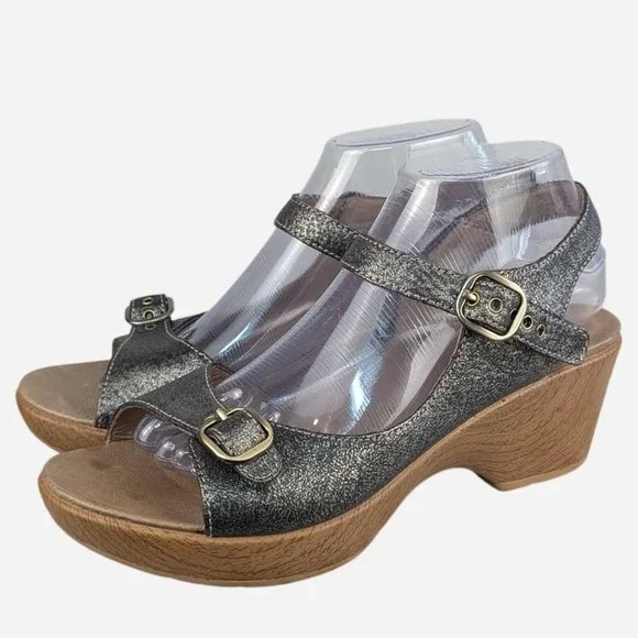 Dansko Joanie Pewter Metallic Leather Platform Sandals Size 9.5-10