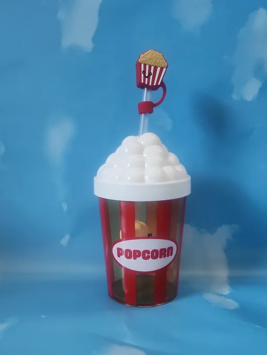 Popcorn-Themed Reusable Party Cup with White Lid and Red Stripes