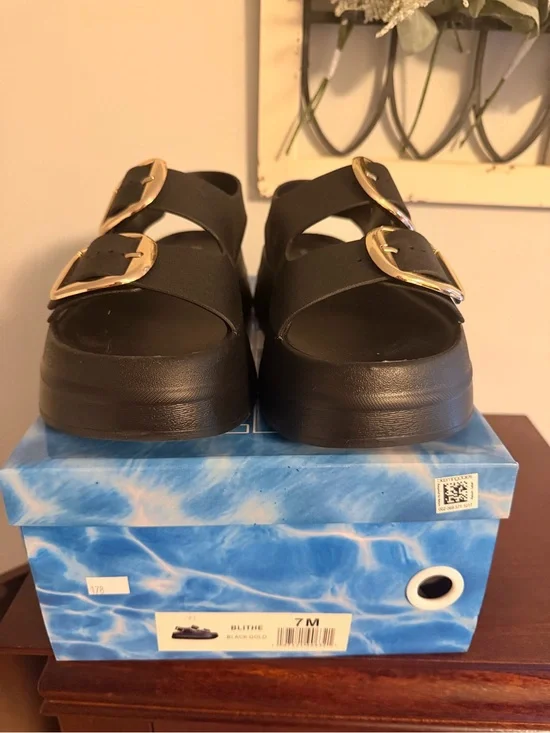 Jeffrey Campbell Black Platform Sandals with Gold Buckles