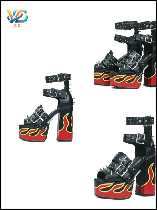 Red Flame Printed Straps Open-toed Rivets Ankle Sandals Platforms Thick-soled