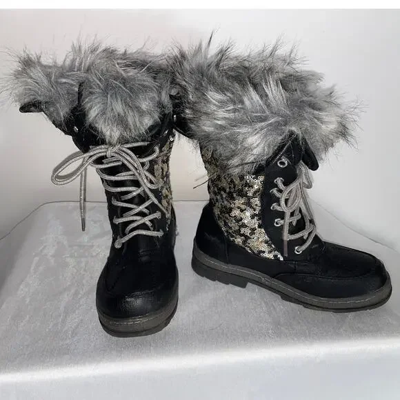 Justice Winter Boots w/ Sequins & Faux Fur - Girl's Size 3M - Fabulous!‎