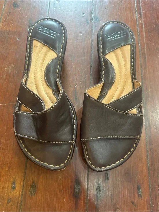Born Dark Brown Leather Cross-Strap Slide Sandals Size 8