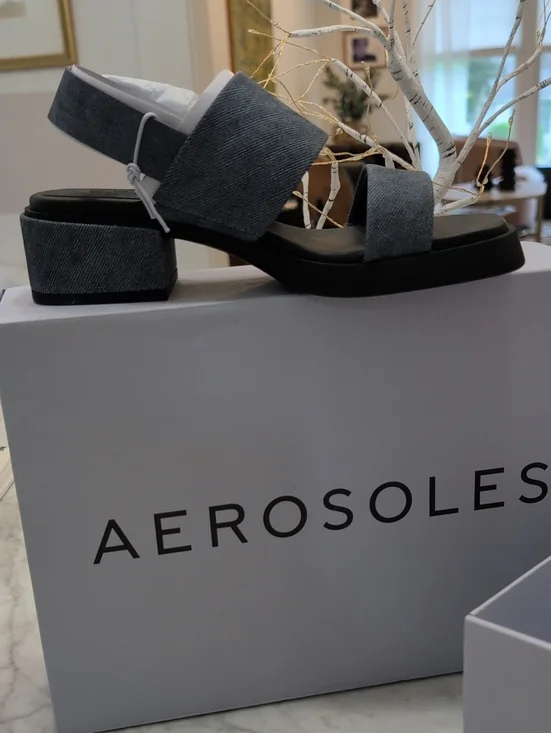 AEROSOLES Blue Denim Slingback Block Heel Sandals