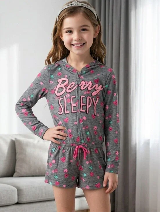 Justice Strawberry Pajama Romper Girls 6 7 Hooded Sleepwear Lounge One Piece Pjs
