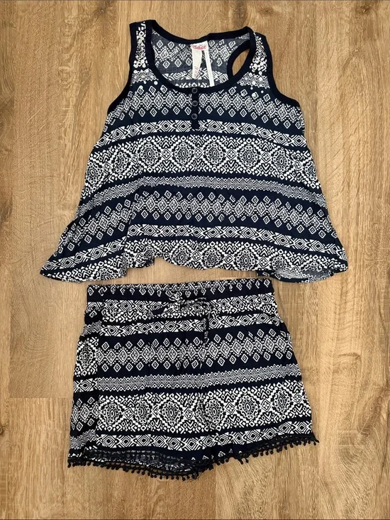 Justice Girl’s Navy Blue & White Tribal  Print Tank and Shorts Set, Size 12